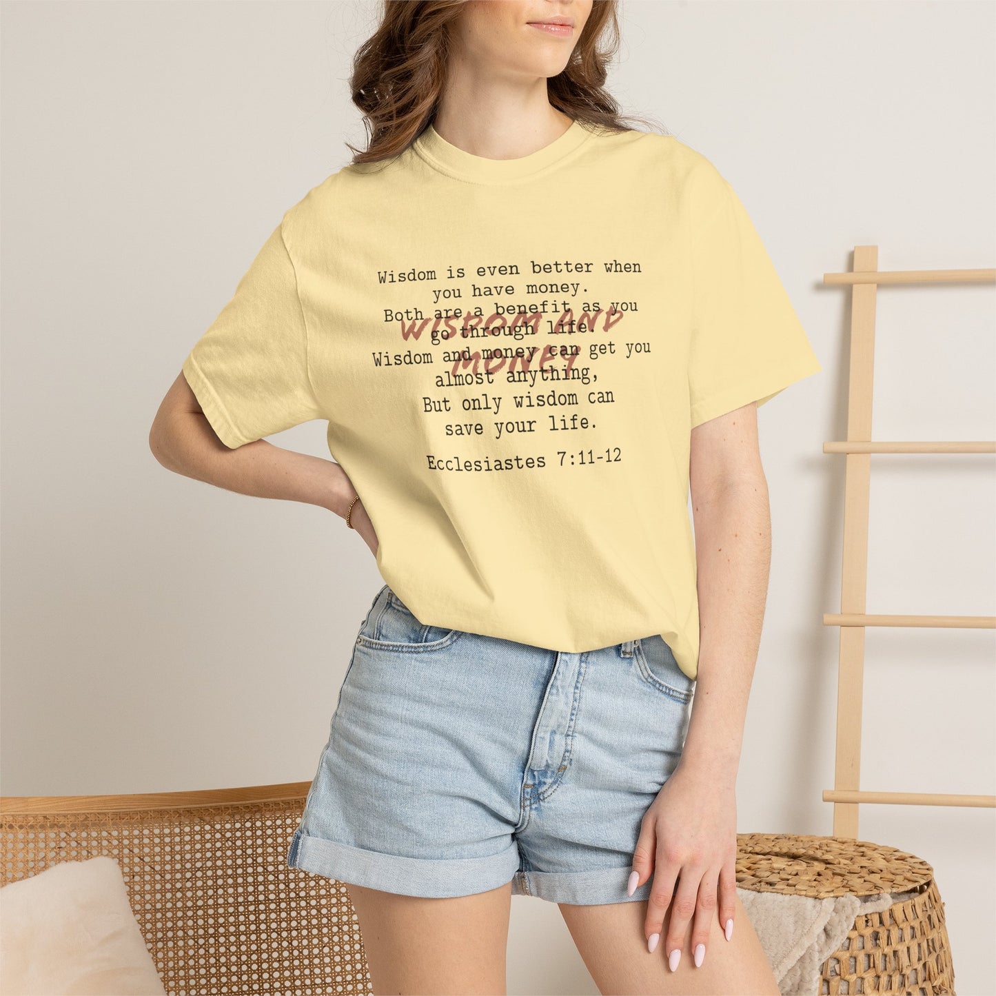 Wisdom and Money Ecclesiastes 7:11-12 100% Cotton T-Shirt — Spanish Wise Woman Bible Verse