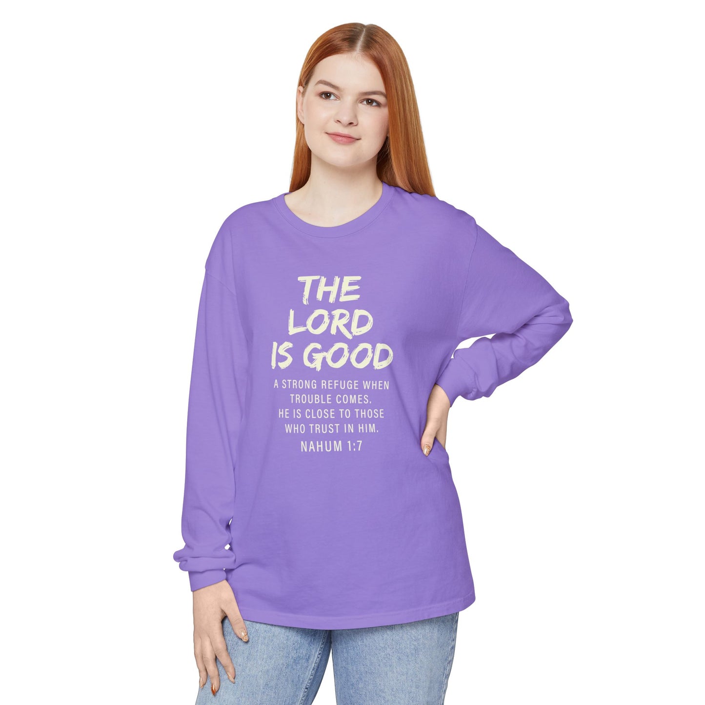 The Lord Is Good "NAHUM 1:7" BEIGE 100% cotton long sleeve
