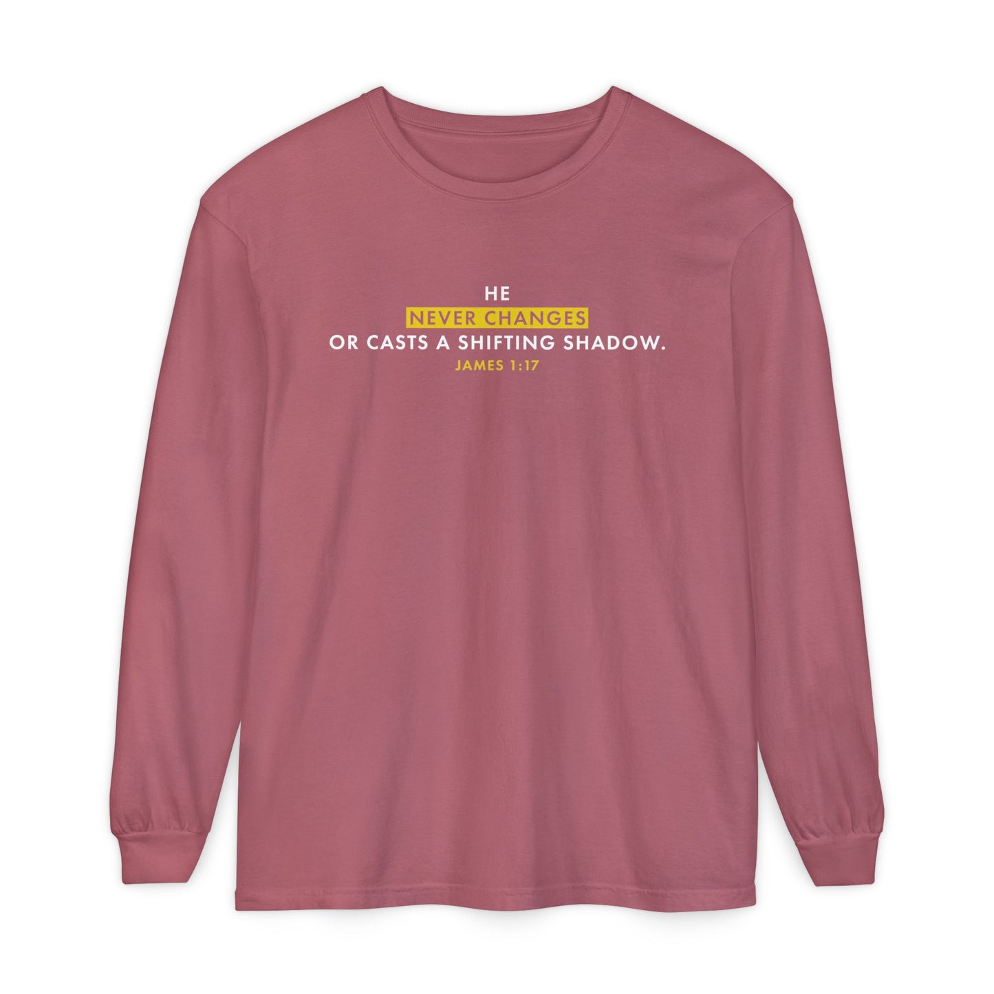 He Never Changes Cotton T-shirt — Faith-Based Christian Long Sleeve Tee