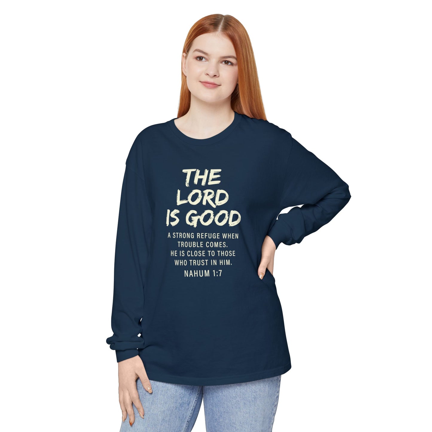 The Lord Is Good "NAHUM 1:7" BEIGE 100% cotton long sleeve