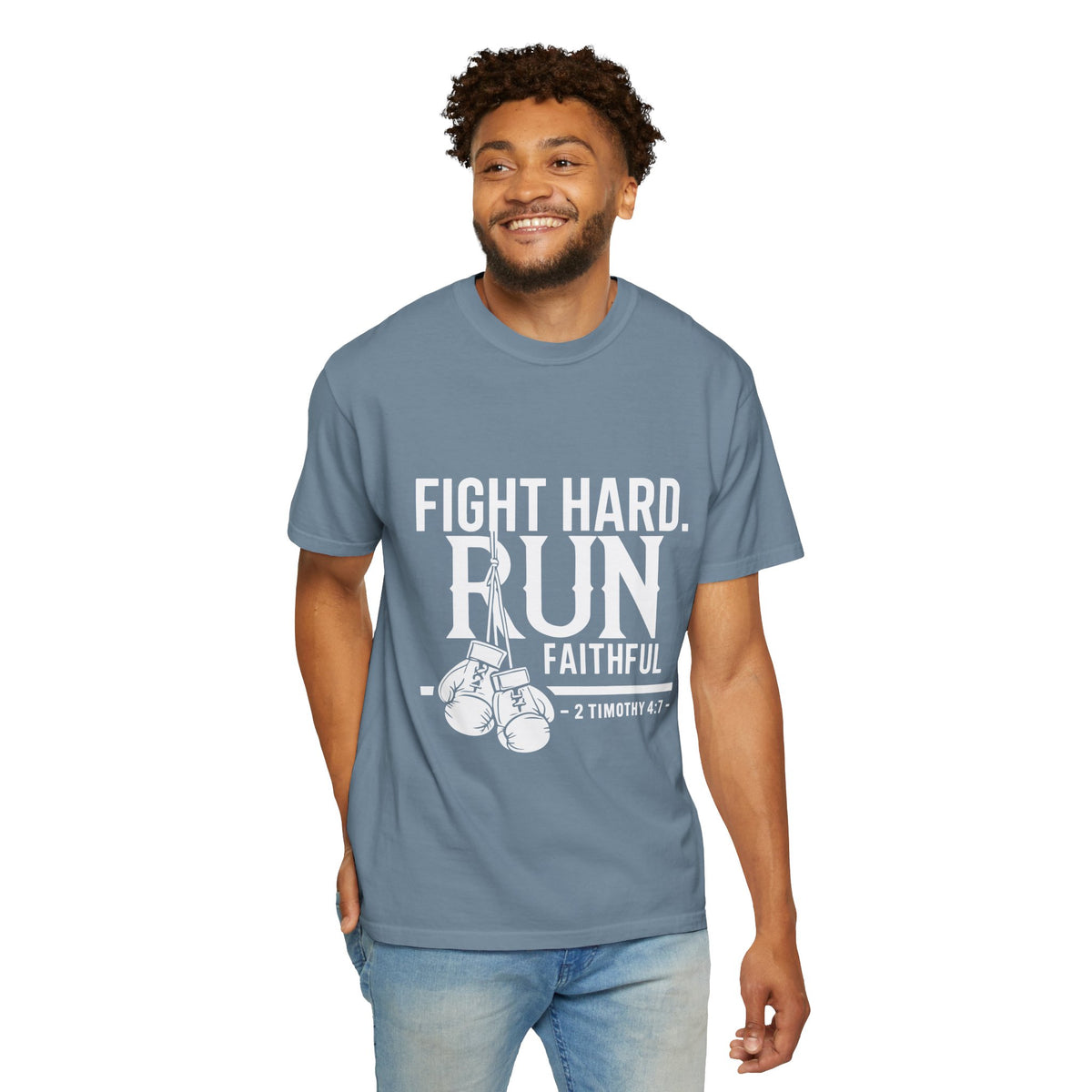 Fight Hard Run Faithful T-Shirt — Christian Boxing Inspirational Tee (2 Timothy 4:7)
