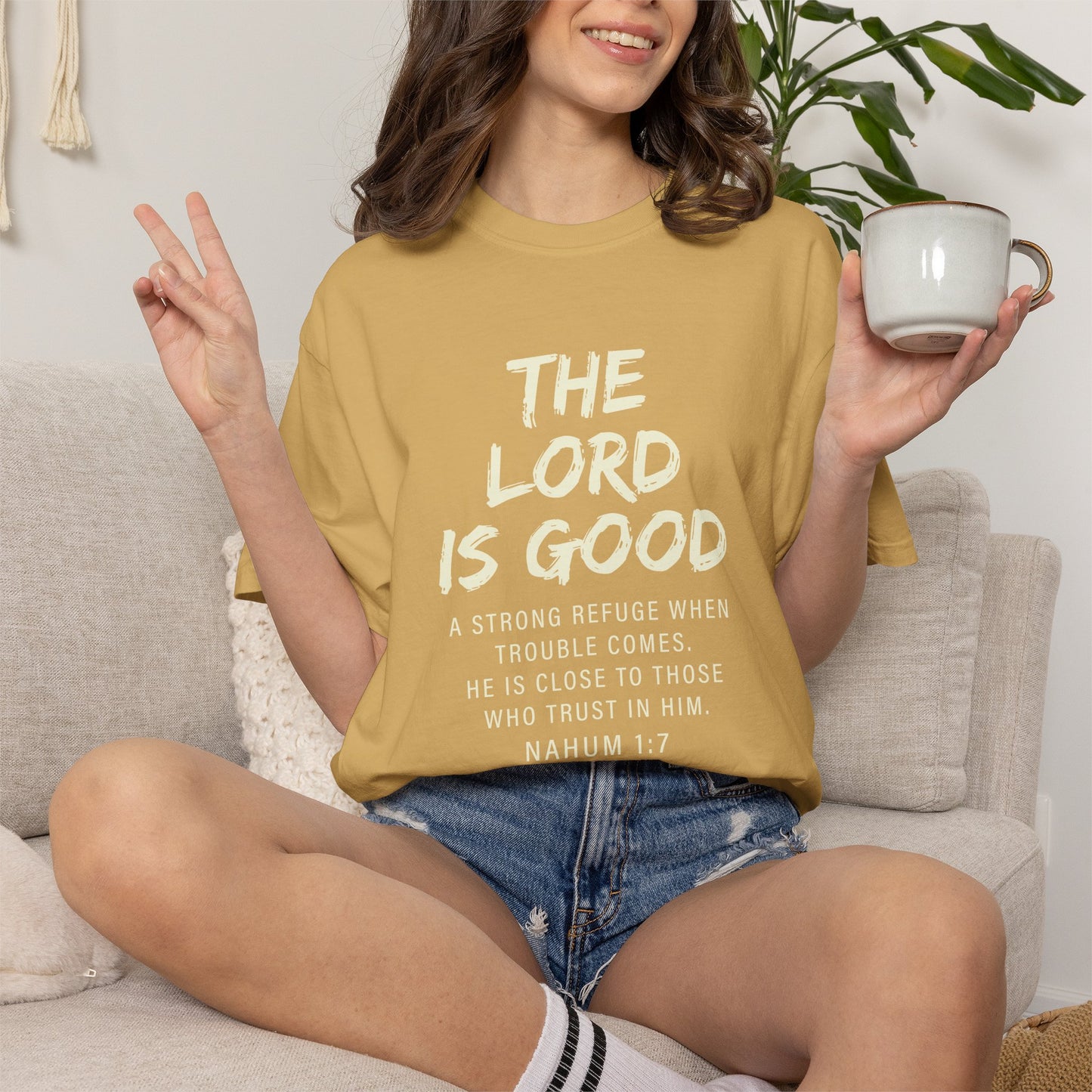 The Lord is Good "Nahum 1:7" Beige 100% cotton T-shirt