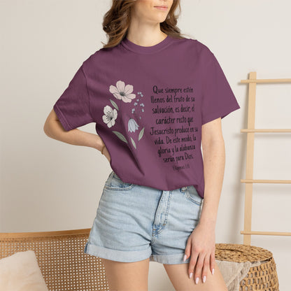Christian Floral Verse T-Shirt — Spanish Filipenses 1:11 Scripture Tee