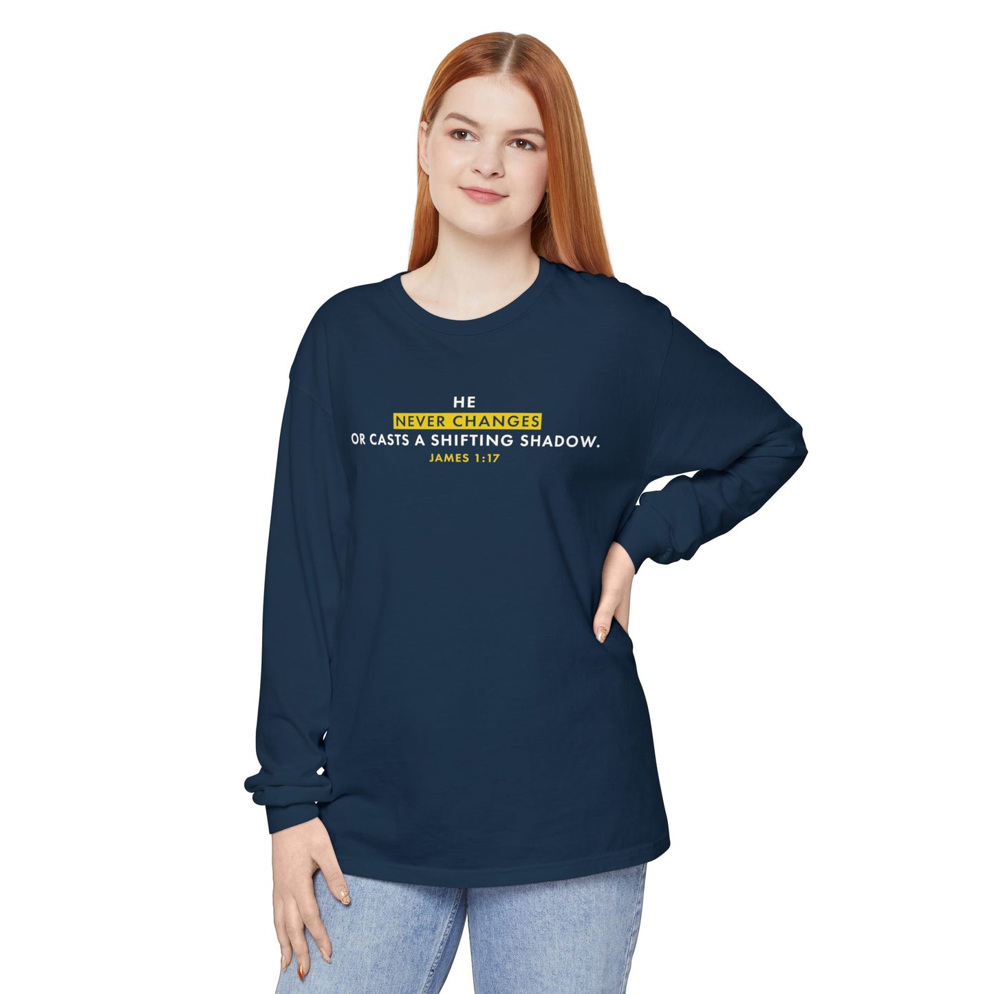He Never Changes Cotton T-shirt — Faith-Based Christian Long Sleeve Tee