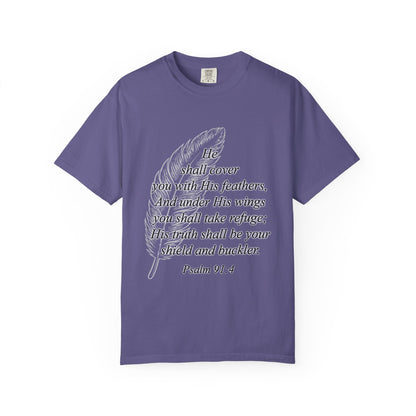 Psalm 91 Feather T-Shirt — 'He Shall Cover You' Christian Faith Tee