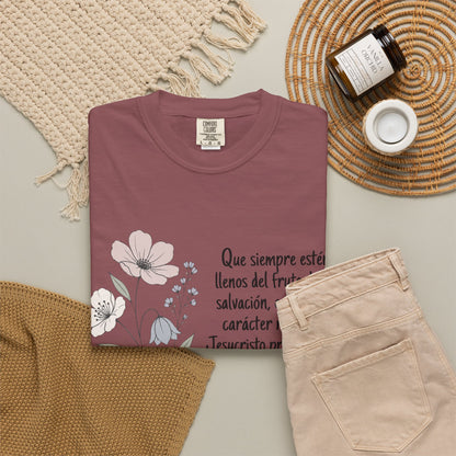 Christian Floral Verse T-Shirt — Spanish Filipenses 1:11 Scripture Tee