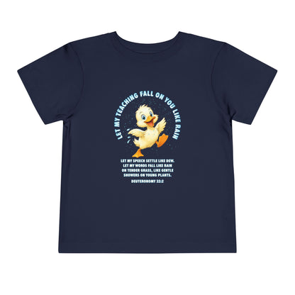 Toddler Tee — Cute Duck Graphic with "Let my teaching fall like rain"