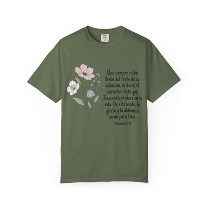 Christian Floral Verse T-Shirt — Spanish Filipenses 1:11 Scripture Tee