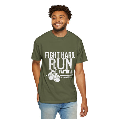 Fight Hard Run Faithful T-Shirt — Christian Boxing Inspirational Tee (2 Timothy 4:7)