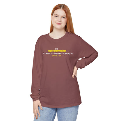 He Never Changes Cotton T-shirt — Faith-Based Christian Long Sleeve Tee