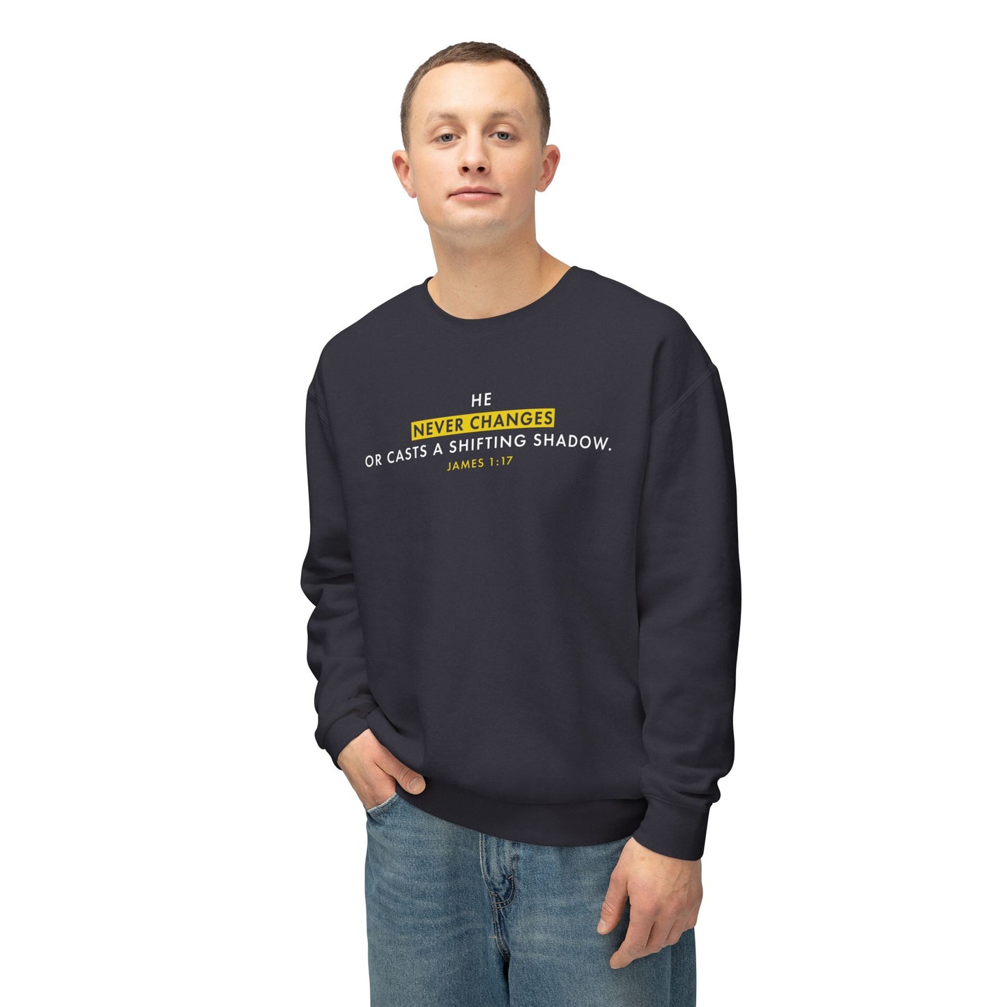 He Never Changes Cotton T-shirt — Faith-Based Christian Sweatshirt