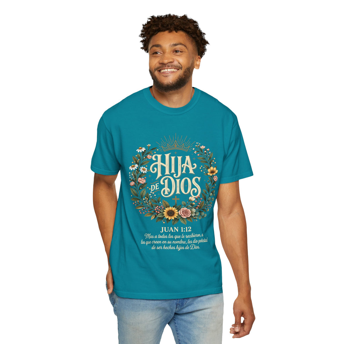 Hija de Dios Floral T‑Shirt — Juan 1:12 Christian Tee