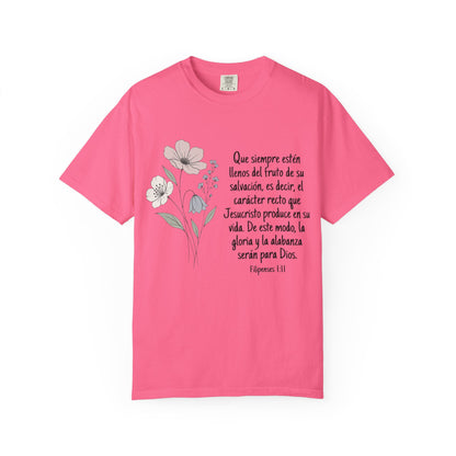 Christian Floral Verse T-Shirt — Spanish Filipenses 1:11 Scripture Tee