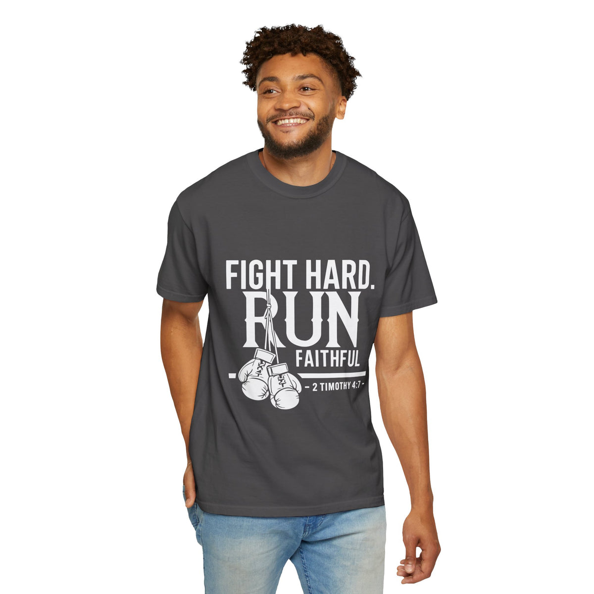 Fight Hard Run Faithful T-Shirt — Christian Boxing Inspirational Tee (2 Timothy 4:7)
