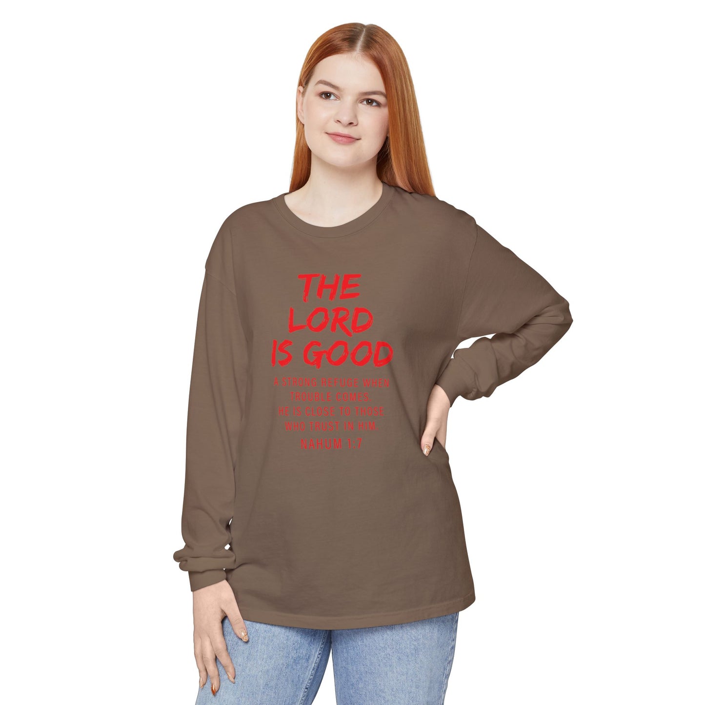 The Lord is Good "Nahum 1:7" Red Long Sleeve