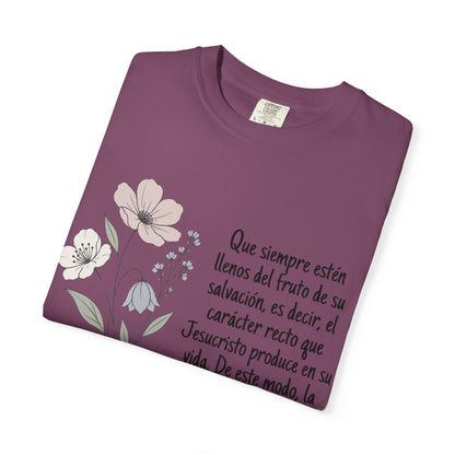 Christian Floral Verse T-Shirt — Spanish Filipenses 1:11 Scripture Tee