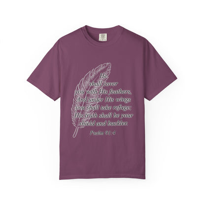 Psalm 91 Feather T-Shirt — 'He Shall Cover You' Christian Faith Tee