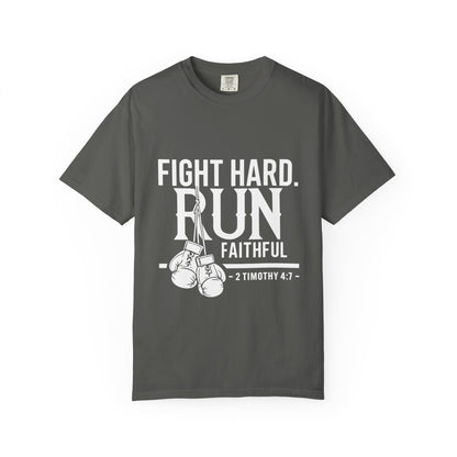 Fight Hard Run Faithful T-Shirt — Christian Boxing Inspirational Tee (2 Timothy 4:7)