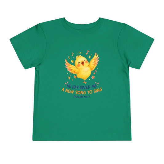 Toddler Tee — Cute Singing Chick 'He Has Given Me A New Song to Sing' (Psalm 40:3)