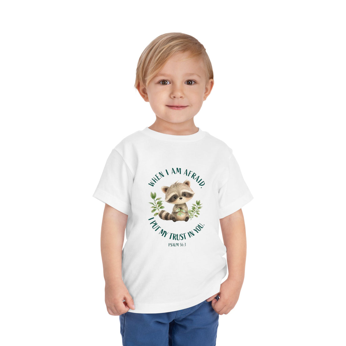 Toddler Tee — 'When I Am Afraid I Put My Trust In God' Cute Raccoon Christian Shirt