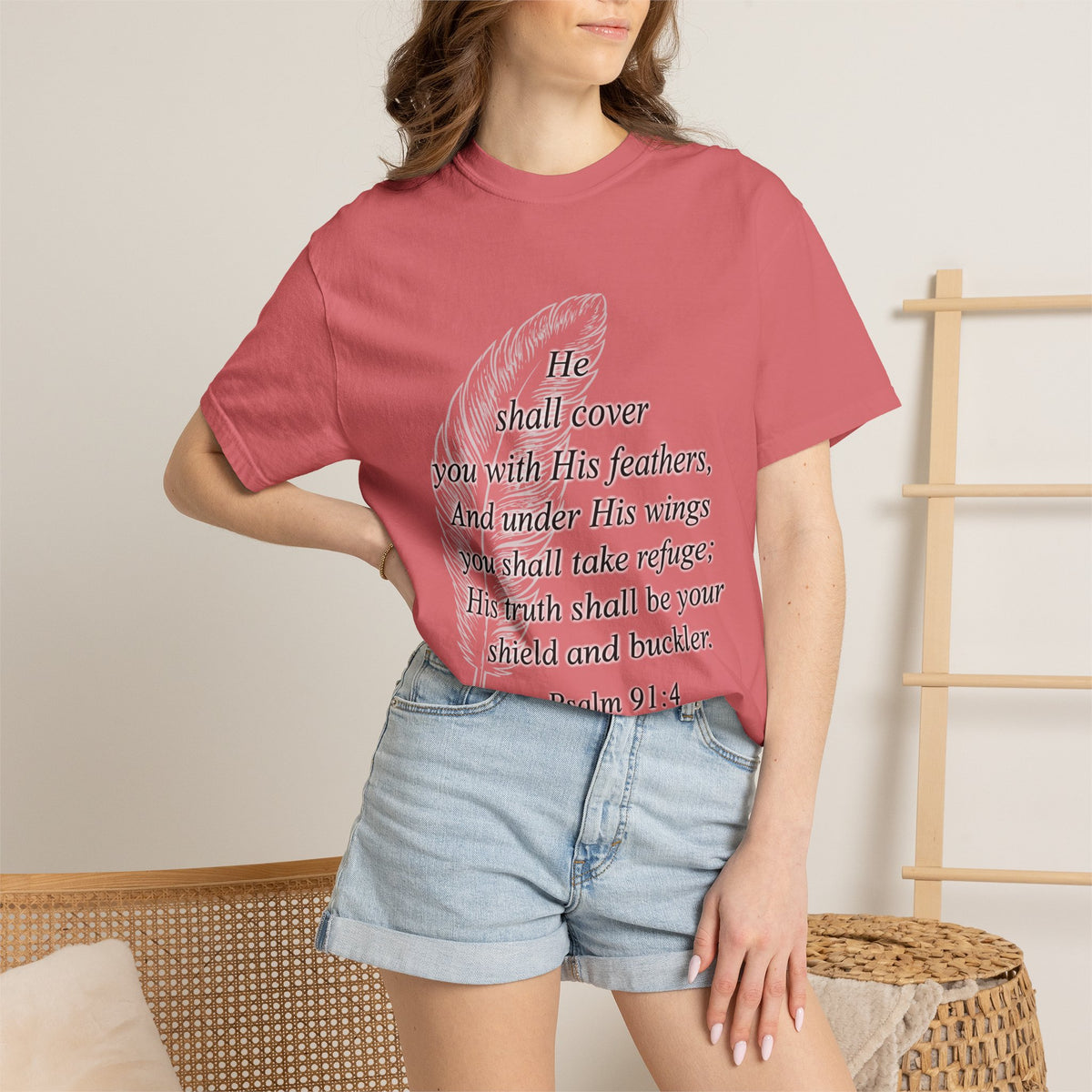 Psalm 91 Feather T-Shirt — 'He Shall Cover You' Christian Faith Tee