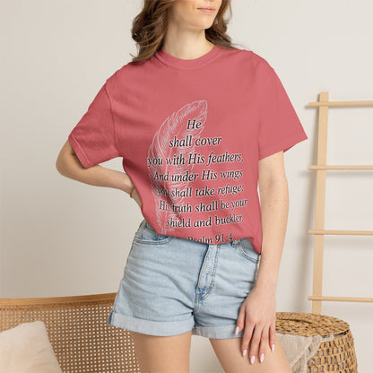 Psalm 91 Feather T-Shirt — 'He Shall Cover You' Christian Faith Tee