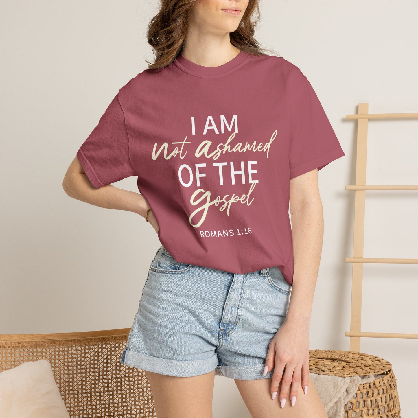 Romans 1:16 T-Shirt — Beige 100% Cotton