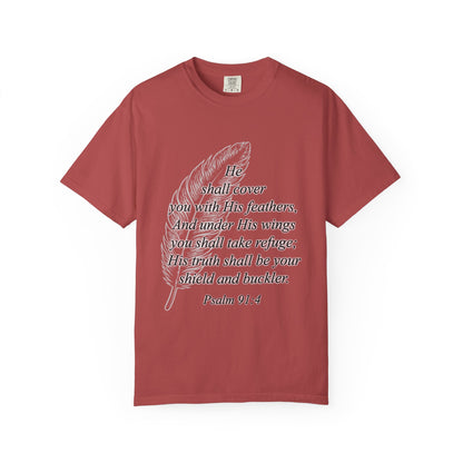 Psalm 91 Feather T-Shirt — 'He Shall Cover You' Christian Faith Tee