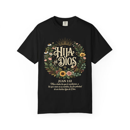 Hija de Dios Floral T‑Shirt — Juan 1:12 Christian Tee
