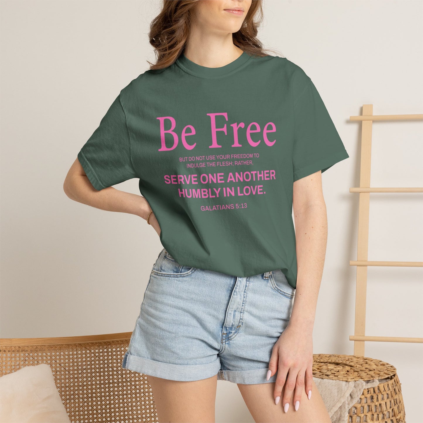 Be Free Galatians 5:13 Pink T-Shirt — Faith-Inspired Christian Tee