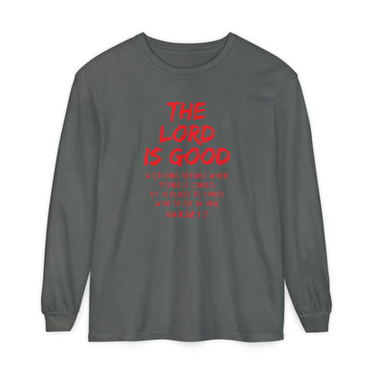 The Lord is Good "Nahum 1:7" Red Long Sleeve