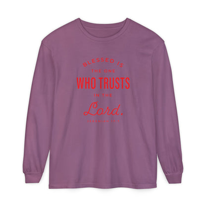 Jeremiah 17:7 'Blessed Is the One Who Trusts in the Lord' 100% Cotton Red Letters Long Sleeve Tee