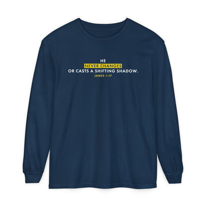 He Never Changes Cotton T-shirt — Faith-Based Christian Long Sleeve Tee