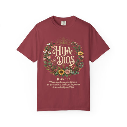 Hija de Dios Floral T‑Shirt — Juan 1:12 Christian Tee