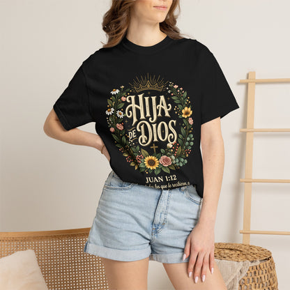 Hija de Dios Floral T‑Shirt — Juan 1:12 Christian Tee