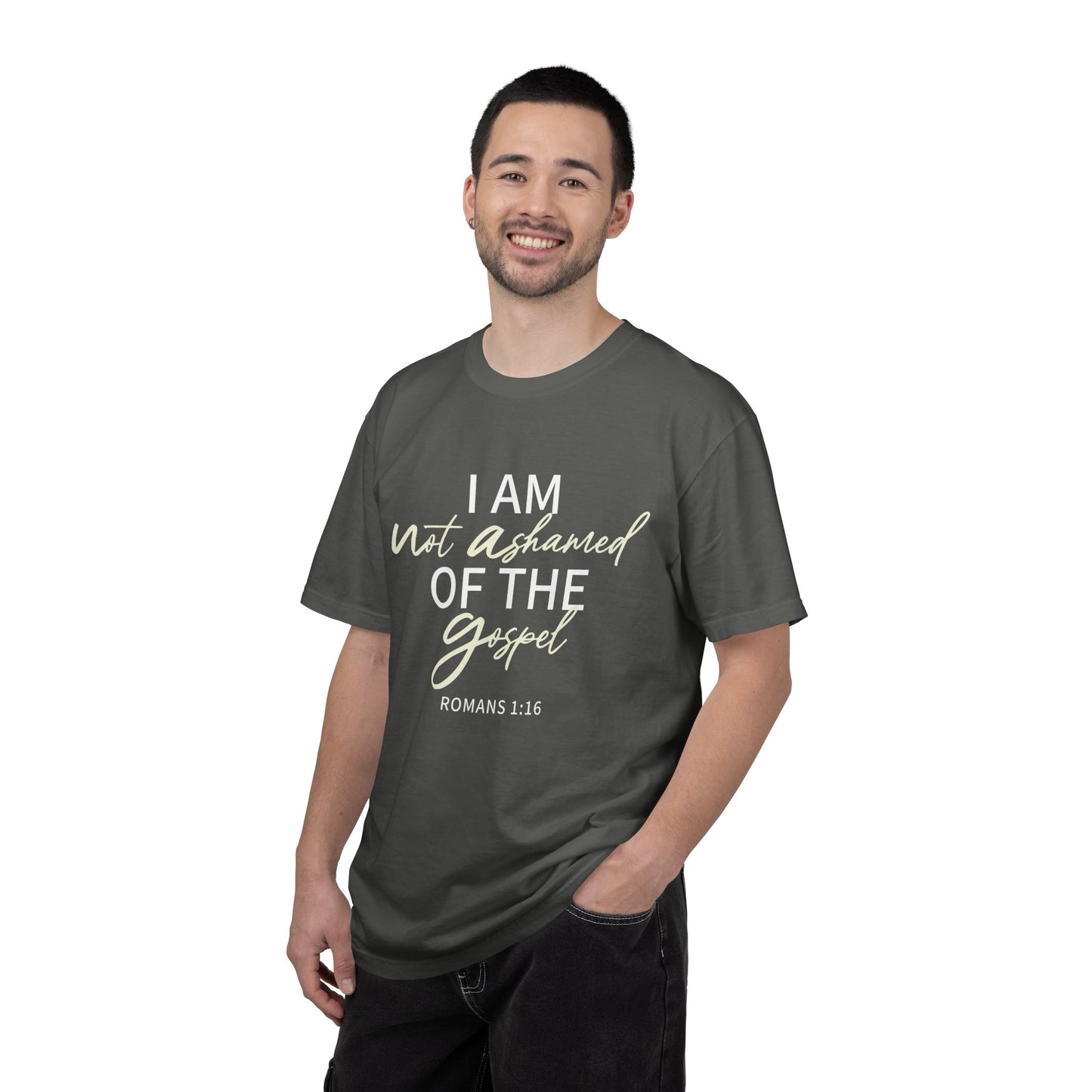 Romans 1:16 T-Shirt — Beige 100% Cotton