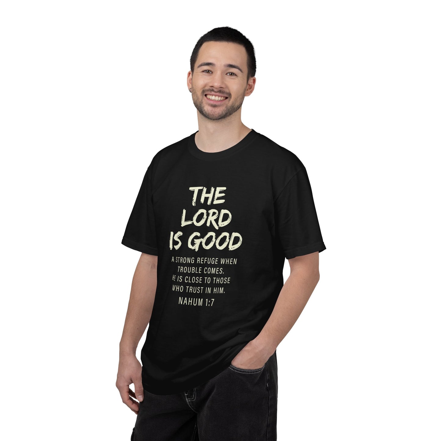 The Lord is Good "Nahum 1:7" Beige 100% cotton T-shirt