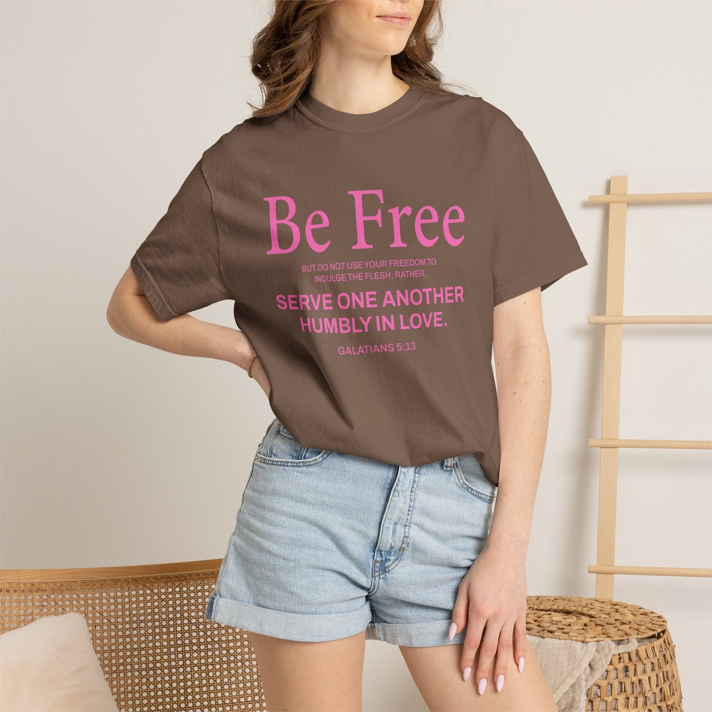 Be Free Galatians 5:13 Pink T-Shirt — Faith-Inspired Christian Tee