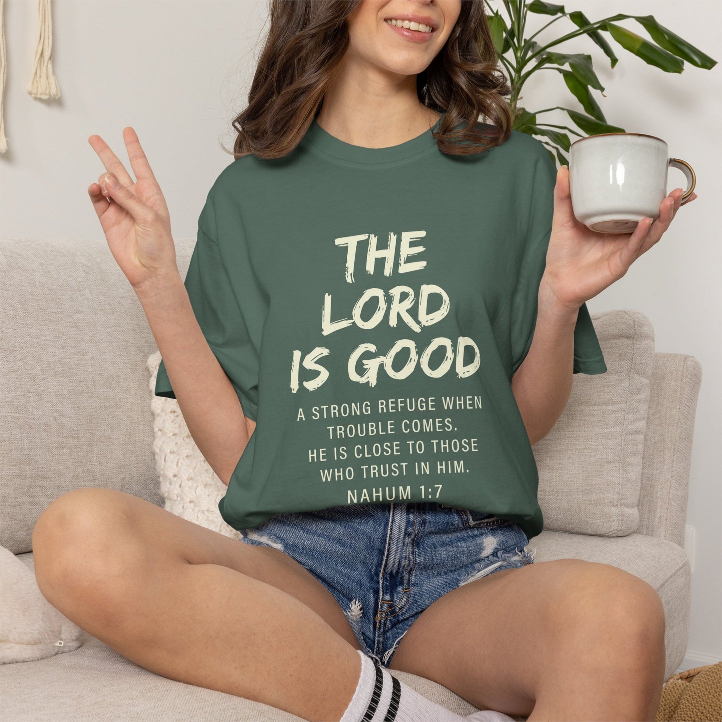 The Lord is Good "Nahum 1:7" Beige 100% cotton T-shirt