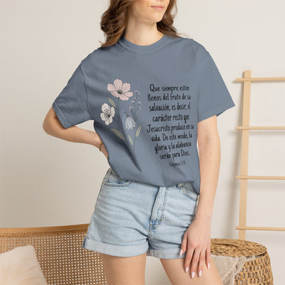 Christian Floral Verse T-Shirt — Spanish Filipenses 1:11 Scripture Tee