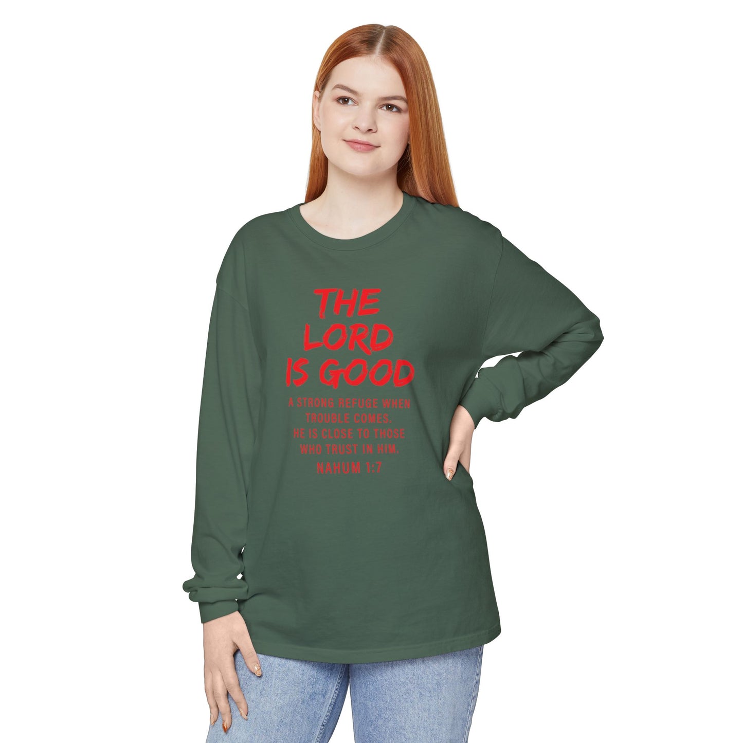 The Lord is Good "Nahum 1:7" Red Long Sleeve