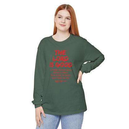The Lord is Good "Nahum 1:7" Red Long Sleeve
