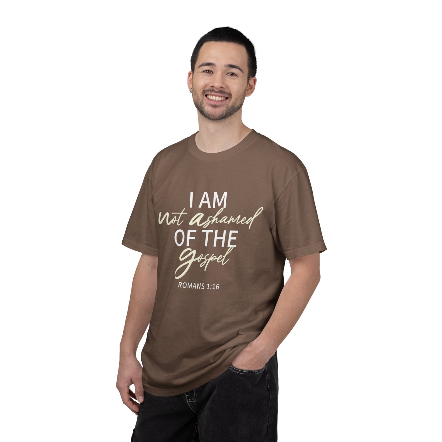 Romans 1:16 T-Shirt — Beige 100% Cotton