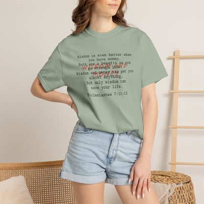 Wisdom and Money Ecclesiastes 7:11-12 100% Cotton T-Shirt — Spanish Wise Woman Bible Verse