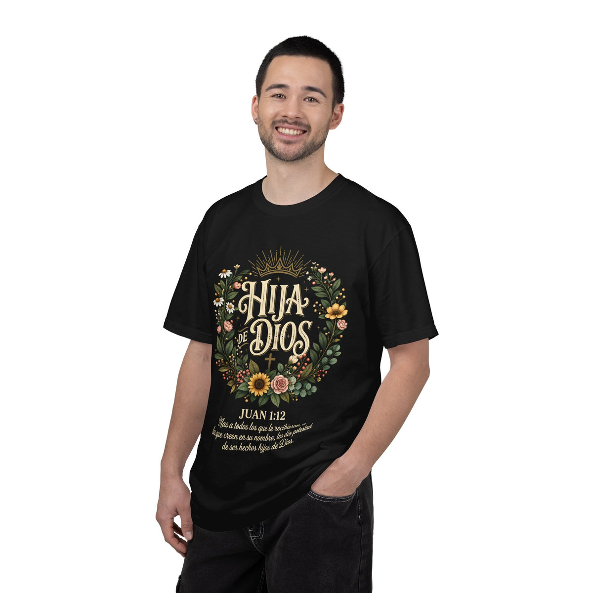 Hija de Dios Floral T‑Shirt — Juan 1:12 Christian Tee