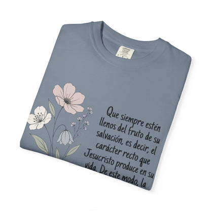 Christian Floral Verse T-Shirt — Spanish Filipenses 1:11 Scripture Tee