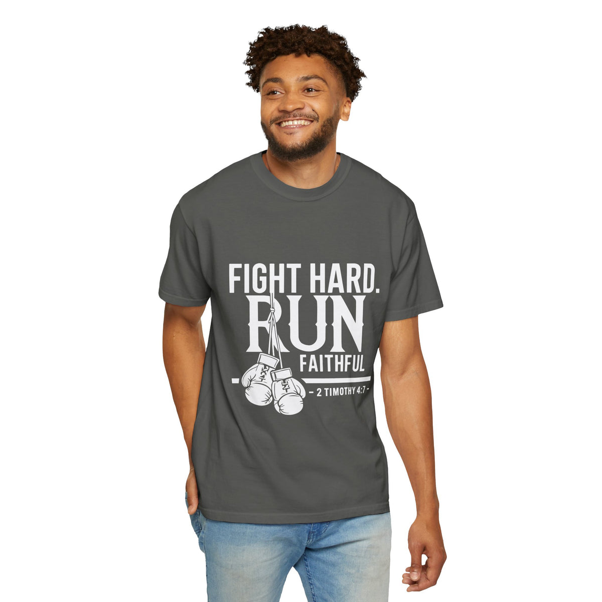 Fight Hard Run Faithful T-Shirt — Christian Boxing Inspirational Tee (2 Timothy 4:7)