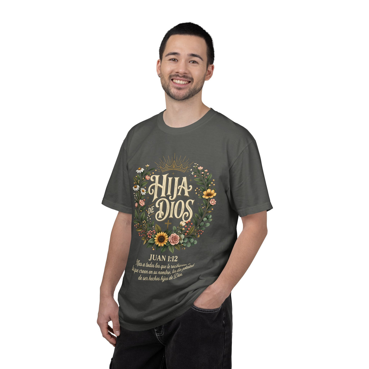 Hija de Dios Floral T‑Shirt — Juan 1:12 Christian Tee