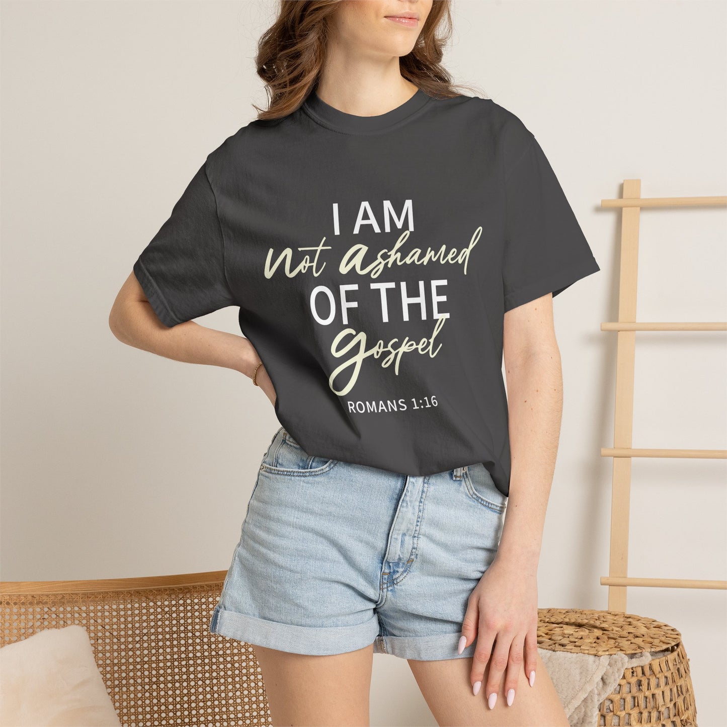 Romans 1:16 T-Shirt — Beige 100% Cotton