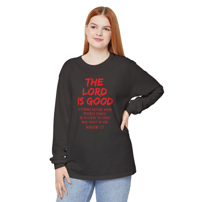 The Lord is Good "Nahum 1:7" Red Long Sleeve